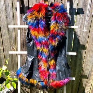 LA Coalition Faux Leather Vest with Multicolored Fur Accent Zippered Front S